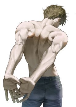 1boy absurdres arms_behind_back back back_muscles blue_pants brown_hair contrapposto denim highres jeans male_focus on_ho10 original pants short_hair solo stretching toned toned_male white_background