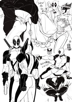 2boys arm_hair ass back belt blush bodysuit bouquet bridal_veil carrying chest_hair chibi claw_(weapon) clenched_hands couple crop_top deadpool deadpool_(series) dress english_text facial_hair fighting_stance flower formal_clothes gloves grabbing_another's_ass groping gun head_wreath heart height_difference highres holding holding_bouquet holding_gun holding_weapon husband_and_husband jacket large_pectorals leg_hair looking_at_another male_focus marvel mask monochrome multiple_boys multiple_views pants pectorals princess_carry revealing_clothes shirt siyi1996 speech_bubble spoken_heart suit superhero_costume sword sword_on_back teeth veil weapon weapon_on_back wedding_dress wolverine_(x-men) x-men yaoi