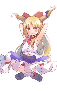 1girl armpits arms_behind_head black_shoes blonde_hair blue_ribbon blue_skirt blush bow brown_eyes commentary_request fang footwear_bow full_body grin hair_bow horn_ornament horn_ribbon horns ibuki_suika indian_style long_hair metal_belt one-hour_drawing_challenge rangycrow red_bow ribbon shoes sideways_glance single_sidelock sitting skirt smile solo touhou white_background
