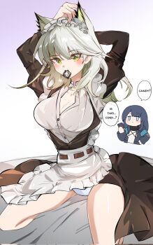 2girls animal_ears apron arknights arms_up arya_melati blush breasts buttons chibi cleavage commentary condom condom_wrapper corrupted_twitter_file doctor_(arknights) english_commentary english_text female_doctor_(arknights) frilled_apron frills green_eyes green_hair grey_apron grey_hair hair_between_eyes highres kal&#039;tsit_(arknights) large_breasts long_hair long_sleeves maid mouth_hold multiple_girls panties sitting speech_bubble tying_hair underwear waist_apron wariza white_panties