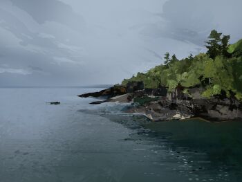 absurdres cloud cloudy_sky commentary day grey_sky highres landscape mountainous_horizon nature no_humans original outdoors painterly ripples scenery shore sky surf symbol-only_commentary tree twulfs water