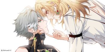 Rule 34 | 2boys, 3thfloor1, alhaitham (genshin impact), antenna hair, artist name, black gloves, black shirt, blonde hair, chest jewel, closed mouth, commentary, earrings, english commentary, eye contact, eyelashes, gem, genshin impact, gloves, gold earrings, green eyes, green gem, grey hair, hair between eyes, hand on another's chin, hand up, highres, jewelry, kaveh (genshin impact), long hair, long sleeves, looking at another, male focus, multiple boys, parted bangs, parted lips, partially fingerless gloves, profile, red eyes, shirt, short hair, simple background, sleeveless, sleeveless shirt, twitter username, upper body, white background, white shirt, yaoi