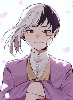 0a_9_(pixiv82791714) 1boy asagiri_gen asymmetrical_hair black_hair blue_eyes closed_mouth cracked_skin crossed_arms dr._stone falling_petals hands_in_opposite_sleeves jacket long_sleeves looking_at_viewer male_focus multicolored_hair petals purple_jacket shirt short_hair smile solo split-color_hair two-tone_hair upper_body white_background white_hair white_shirt