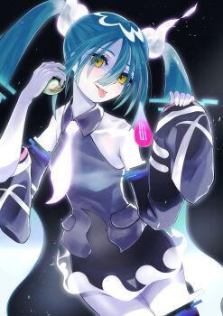 Rule 34 | 1girl, absurdres, bare shoulders, black background, black skirt, blush, collarbone, commentary request, dusk ball, ghost girl, ghost miku (project voltage), glitch, grey shirt, hair between eyes, hair ornament, hatsune miku, highres, holding, holding poke ball, hxk4 n, long hair, long hair between eyes, long sleeves, looking at viewer, necktie, nintendo, official alternate costume, official alternate hairstyle, open mouth, poke ball, pokemon, project voltage, revision, shirt, simple background, skirt, sleeveless, sleeveless shirt, sleeves past wrists, solo, tongue, tongue out, twintails, very long hair, vocaloid, white necktie, wide sleeves, yellow eyes