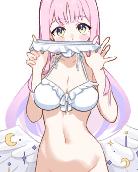1girl bikini blue_archive blush bottomless breasts cleavage commentary_request groin highres holding holding_panties holding_underwear holding_unworn_clothes long_hair low_wings mika_(blue_archive) mika_(swimsuit)_(blue_archive) navel out-of-frame_censoring panties pink_hair s9uirrel swimsuit underwear unworn_panties white_bikini wings yellow_eyes