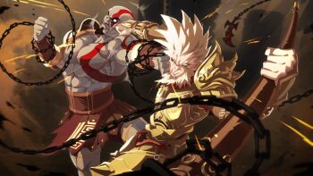 2boys abs absurdres armor battle black_myth:_wukong blades_of_chaos blurry body_fur bodypaint bracer breastplate brown_background chain chain_blades chest_tattoo chinese_armor chinese_clothes clenched_hands closed_mouth commentary crossover depth_of_field double_face_punch dust_cloud easterhands english_commentary face_punch facial_hair facial_tattoo glowing glowing_eyes goatee god_of_war gold_armor greco-roman_clothes highres holding holding_polearm holding_weapon in_the_face kratos_(god_of_war) male_focus monkey monkey_boy multiple_boys muscular muscular_male no_pupils nose pectorals polearm punching roman_armor shockwave shoulder_armor shoulder_tattoo spartan spiked_hair strap sun_wukong tattoo vambraces weapon white_fur