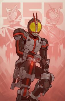 3boys antennae april_jubilees armor black_bodysuit black_gloves bodysuit breastplate commentary covered_pectorals gloves glowing gradient_background grey_armor helmet highres kamen_rider kamen_rider_555 kamen_rider_delta kamen_rider_faiz kamen_rider_kaixa male_focus multiple_boys pectorals red_background rider_belt squatting tokusatsu