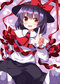 1girl :d ascot black_hat black_skirt blush bow collared_shirt commentary_request completion_time cowboy_shot frilled_skirt frills hand_up hat hat_bow highres long_sleeves looking_at_viewer nagae_iku open_mouth purple_background purple_hair red_ascot red_bow red_eyes ruu_(tksymkw) shirt short_hair skirt smile solo touhou white_shirt