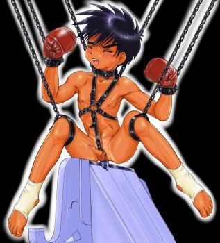 1boy anal anal_object_insertion bdsm black_background blush bondage bound bound_penis bound_wrists boxing boxing_gloves censored chain chained closed_eyes cock_ring collar dildo elephant erection holding_legs leg_noose male_focus male_penetrated mosaic_censoring muscular nipples nude object_insertion open_mouth penis playing_sports rape sex_toy short_hair shota simple_background small_penis solo takenokoya tan tears toeless_legwear torture wooden_horse