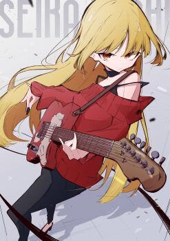 1girl absurdres aomoringo black_collar black_pants black_tank_top blonde_hair bocchi_the_rock! character_name closed_mouth collar commentary_request concentrating double_strap_slip foot_out_of_frame foreshortening grey_background guitar highres holding holding_plectrum ijichi_seika instrument long_hair music off-shoulder_sweater off_shoulder pants playing_guitar playing_instrument plectrum red_eyes red_sweater shadow slit_pupils solo standing straight_hair sweater tank_top very_long_hair
