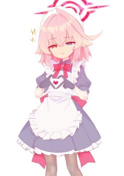 1girl absurdres alternate_costume apron blue_archive dress gloves halo heart heart_hands heterochromia highres hoshino_(blue_archive) ks_aya_(gztm4838) maid maid_headdress pantyhose pink_hair simple_background solo white_background