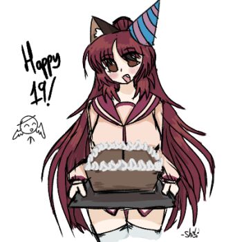 1girl ^_^ animal_ear_fluff animal_ears artist_name artist_self-insert bad_link blush box breasts brown_eyes cake cardboard_box cat_ears cat_girl closed_eyes commentary cowboy_shot danbooru_(site) english_commentary fang food happy_birthday hat holding holding_cake holding_food holding_tray icing kemonomimi_mode kousaka_tamaki large_breasts long_hair long_sleeves looking_at_viewer lowres no_pants open_mouth own_hands_together party_hat pink_shirt red_hair red_sailor_collar sailor_collar school_uniform serafuku shibidayo shirt sidelocks simple_background smile solo standing straight_hair thigh_gap thighhighs to_heart_(series) to_heart_2 tray two_side_up very_long_hair white_background white_thighhighs