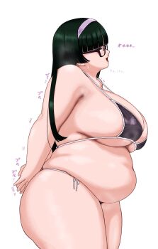 1girl arms_behind_back belly big_belly bikini black-framed_eyewear black_bikini black_hair blunt_bangs breasts cleavage closed_eyes fat fat_woman from_side glasses hairband huge_breasts kamisuki long_hair open_mouth original plump purple_hairband sideboob smile solo sound_effects standing straight_hair sweat swimsuit thick_thighs thighs white_background