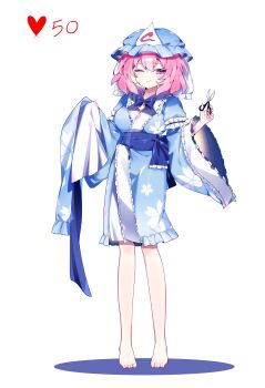 1girl absurdres blue_kimono breasts full_body hair_between_eyes hat highres holding holding_scissors japanese_clothes kimono large_breasts long_sleeves looking_at_viewer medium_hair one_eye_closed pink_eyes pink_hair puffy_sleeves saigyouji_yuyuko scissors sia_6767 smile solo touhou veil white_background