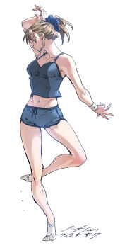 Rule 34 | 1girl, breasts, brown eyes, brown hair, camisole, crop top, dolphin shorts, full body, highres, looking to the side, nabipenciller, navel, original, ponytail, profile, shorts, small breasts, solo, standing, standing on one leg