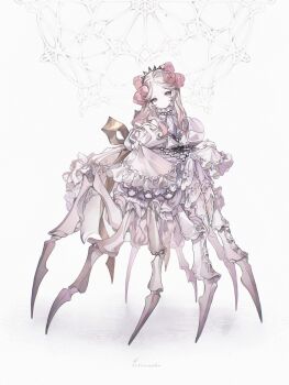 Rule 34 | 1girl, arachne, arthropod girl, back bow, bow, clothes lift, commentary request, dress, flower, full body, gradient hair, grey eyes, hair flower, hair ornament, highres, hoshi rousoku, insect girl, long hair, looking at viewer, monster girl, multicolored hair, original, pink hair, skirt, skirt lift, solo, spider girl, standing, taur, white background, white dress