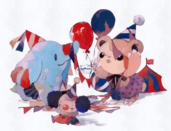 balloon circus closed_mouth clothed_pokemon clown commentary gen_2_pokemon hat highres holding holding_balloon li04r looking_at_another nintendo party_hat phanpy pokemon pokemon_(creature) simple_background smile standing teddiursa tent watermark white_background
