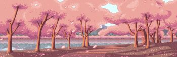 animated animated_gif blue_sky cherry_blossoms dirt_road disney falling_petals forest gravity_falls lake looping_animation mountain nature no_humans official_art outdoors paul_robertson petals pink_petals pixel_art reflection reflective_liquid road scenery sky spring_(season) third-party_source tree
