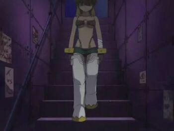 animal_ears animated animated_gif bandages blonde_hair blue_eyes boots bracelet breasts dark_skin jewelry liru lowres midriff ponytail renkin_san-kyuu_magical_pokaan screencap shorts underboob wolf_ears