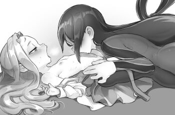 2girls age_difference asui_tsuyu blush bodysuit boku_no_hero_academia breasts breath clothes_lift eri_(boku_no_hero_academia) faceless faceless_female forehead heavy_breathing horns licking licking_stomach lifting_another&#039;s_clothes loli long_hair long_tongue lying moaning monochrome multiple_girls nipples off_shoulder on_back onee-loli open_clothes open_mouth open_shirt pantyhose rodecchi shirt single_horn skin_tight skirt skirt_lift small_breasts tongue tongue_out yuri