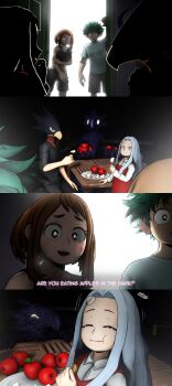2girls 3boys 3d 4koma absurdres apple blush_stickers boku_no_hero_academia brown_eyes brown_hair closed_eyes collarbone comic dark_shadow english_text eri_(boku_no_hero_academia) food freckles fruit greatm8 green_eyes green_hair highres horns long_hair midoriya_izuku motion_lines multiple_boys multiple_girls red_eyes shirt short_hair short_sleeves shorts single_horn smile tokoyami_fumikage uraraka_ochako white_hair