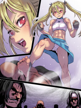 1girl abs barefoot black_gloves blonde_hair commission gloves muscular muscular_female open_mouth original padded_gloves panties pantyshot pixiv_commission pleated_skirt red_eyes skirt soon_(c-u-soon) sports_bra stepped_on toned toned_female twintails underwear victory white_panties white_sports_bra
