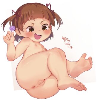 1girl anus ass ass_focus barefoot blush brown_eyes brown_hair candy cleft_of_venus completely_nude dated fat_mons feet feet_together female_focus fingernails flat_chest food foot_focus full_body holding holding_candy holding_food holding_lollipop innerkey_(kgfw5338) legs loli lollipop looking_down lying marui_mitsuba medium_hair mitsudomoe_(manga) nipples no_shoes no_socks nude open_mouth plump pussy shiny_skin signature simple_background smile soles solo teeth thick_thighs thighs toenails toes tongue twintails uncensored white_background