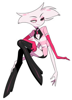 1boy absurdres angel_dust black_boots black_bow black_bowtie black_choker black_sclera black_skirt boots bow bowtie brooch choker closed_mouth colored_sclera commentary_request elbow_gloves extra_arms eyeshadow facial_mark fewer_digits full_body furry furry_male gloves hand_on_own_thigh hazbin_hotel hellaverse high_heel_boots high_heels highres invisible_chair jewelry knee_up looking_back looking_to_the_side makeup male_focus menma_(enaic31) microskirt mismatched_sclera pencil_skirt pink_eyes pink_eyeshadow pink_gloves pink_shirt shirt signature simple_background sitting skirt smile solo striped_clothes striped_shirt thigh_boots thighhighs traditional_bowtie turning_head two-tone_shirt v-shaped_eyebrows white_background white_fur white_gloves white_shirt zettai_ryouiki