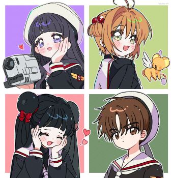 Rule 34 | 1boy, 3girls, brown hair, camera, cardcaptor sakura, closed eyes, closed mouth, daidouji tomoyo, hat, highres, holding, holding camera, kero (cardcaptor sakura), kinomoto sakura, li meiling, li syaoran, long hair, looking at viewer, multiple girls, open mouth, short hair, smile, upper body, white hat, yalmyu