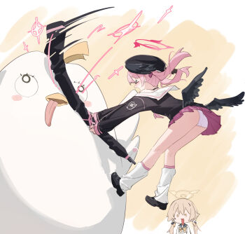 >_< 2girls 7gao loose_socks blue_archive bolt_action bow bowtie doll feathered_wings full_body gun halo hat hifumi_(blue_archive) highres hitting koharu_(blue_archive) light_brown_hair loafers long_hair looking_at_another loose_socks low_twintails low_wings miniskirt multiple_girls open_mouth p14_enfield panties peroro_(blue_archive) pink_hair pleated_skirt rifle sailor_collar school_uniform serafuku shoes skirt socks twintails underwear weapon white_panties wings