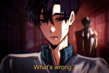 Rule 34 | absurdres, alien stage, artist name, black eyes, black hair, coat, commentary, english commentary, fang, ghost, hair between eyes, highres, ivan (alien stage), male focus, official alternate costume, red pupils, school uniform, shirt, short hair, subtitled, very short hair, white coat, white shirt, willow x0