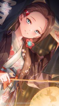 Rule 34 | 1girl, animal print, aqua eyes, bath yukata, black kimono, blurry, blurry background, blush, brown hair, commentary, copyright logo, copyright notice, cowboy shot, dutch angle, english commentary, eyelashes, fingernails, fish hair ornament, fish print, floral print, floral print kimono, forehead, glint, hair behind ear, hair ornament, hand up, happy, heaven burns red, highres, holding, holding lantern, japanese clothes, kimono, lantern, layered kimono, logo, long hair, long sleeves, looking at viewer, low side ponytail, official alternate costume, official alternate hairstyle, official art, official wallpaper, ooshima niina, ooshima niina (uplifting springs), open clothes, open kimono, outdoors, paper lantern, parted bangs, parted lips, print kimono, smile, solo, tsurime, underlighting, very long hair, weapon, white kimono, wide sleeves, yukata