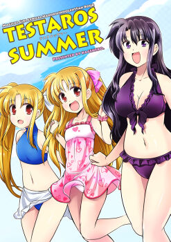 Rule 34 | 3girls, alicia testarossa, bikini, black hair, blonde hair, casual one-piece swimsuit, family, fate testarossa, kuromitu (kageneko), long hair, lyrical nanoha, mahou shoujo lyrical nanoha innocent, mother and daughter, multiple girls, one-piece swimsuit, open mouth, presea testarossa, purple eyes, red eyes, sarong, siblings, sisters, swimsuit, twintails