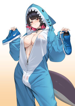1futa :< absurdres ai-generated_art_(topic) animal_costume animal_hood black_choker black_hair blue_shoes blush breasts bulge choker cleavage closed_mouth colored_inner_hair commentary cowboy_shot earrings ellen_joe fins fish_tail futanari gradient_background hair_ornament hairclip high_tops highres holding holding_shoes holding_unworn_clothes hood italian_brainrot_ai_animals_(meme) jewelry large_breasts looking_at_viewer meme mole mole_under_eye multicolored_hair navel nike_(company) paid_reward_available partially_unzipped red_hair shark_costume shark_girl shark_hood shark_tail shoes short_hair sneakers solo standing tail tralalero_tralala two-tone_hair unworn_shoes wujack x_hair_ornament zenless_zone_zero zipper_pull_tab