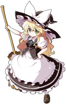 1girl akaneya apron blonde_hair bow broom female_focus hat hat_bow kirisame_marisa long_hair puffy_short_sleeves puffy_sleeves shirt short_sleeves simple_background skirt skirt_set smile solo touhou very_long_hair vest waist_apron witch_hat yellow_eyes