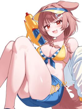 1girl :d absurdres animal_ears bikini bone_hair_ornament braid breasts brown_hair cartoon_bone commentary_request deaver dog_ears dog_girl dog_tail hair_ornament highres holding holding_water_gun hololive inugami_korone large_breasts legs looking_at_viewer open_mouth red_eyes simple_background smile solo swimsuit tail thighs twin_braids virtual_youtuber visor_cap water_gun white_background