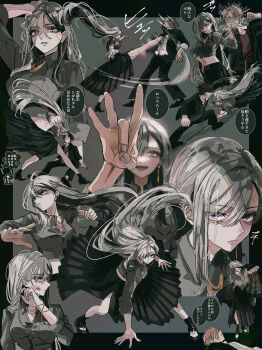 Rule 34 | 1girl, 5boys, attack trail, black border, black hair, black jacket, black shoes, black skirt, black socks, blonde hair, blood on cheek, border, bracelet, brown shirt, collared shirt, colored inner hair, commentary request, cropped shirt, delinquent, earrings, eyelashes, fighting, fighting stance, floating hair, gakuran, gold bracelet, gold earrings, gold necklace, grey background, grey hair, grey nails, grey shirt, hair behind ear, high heels, high kick, highres, higuchi kaede, higuchi kaede (16th costume), incoming forehead flick, jacket, jewelry, kicking, lips, long hair, long skirt, midriff, motion blur, motion lines, multicolored hair, multiple boys, multiple views, nail polish, necklace, nijisanji, outside border, paddy field, pleated skirt, punching, purple eyes, school uniform, shirt, shoes, short hair, side slit, single earring, skirt, sleeves rolled up, socks, sukeban, translation request, two-tone hair, very long hair, virtual youtuber, white shirt