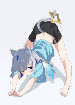 Rule 34 | 1girl, amane kanata, angel wings, animal ears, barefoot, black shorts, blue eyes, blue hair, blue shirt, blush, casual, cat ears, cat girl, cat stretch, cat tail, closed mouth, colored inner hair, commentary request, feathered wings, feet, full body, grey background, grey hair, halo, highres, hololive, kemonomimi mode, looking at viewer, multicolored hair, one eye closed, shirt, short hair, short shorts, shorts, sidelocks, simple background, solo, star halo, streaked hair, stretching, t-shirt, tail, toes, top-down bottom-up, two-tone hair, virtual youtuber, wings, yabu q