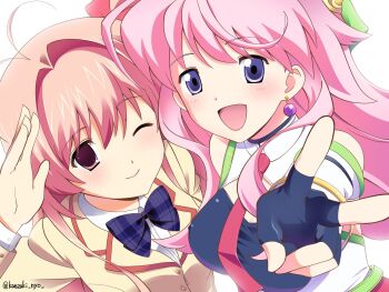 Rule 34 | 2girls, ahoge, bandeau, black bandeau, blazer, blood tune, blush, bow, bowtie, breasts, brown jacket, chaos;head, dress shirt, earrings, fingerless gloves, gloves, green trim, hashtag-only commentary, hat, highres, jacket, jewelry, kanzaki nyo, lapels, long hair, long sleeves, looking at viewer, magical girl, multiple girls, notched lapels, one eye closed, open mouth, pink eyes, pink hair, plaid bow, plaid bowtie, plaid clothes, purple bow, purple bowtie, purple eyes, red trim, sakihata rimi, school uniform, science adventure, seira orgel, shirt, smile, suimei academy school uniform, twintails, white shirt, winter uniform