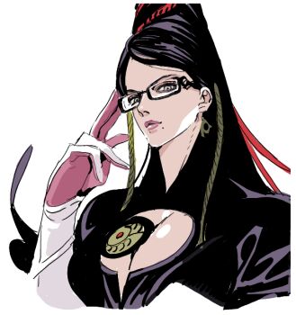 1girl adjusting_eyewear bayonetta bayonetta_(series) bayonetta_1 beehive_hairdo black-framed_eyewear black_hair breasts cleavage_cutout clothing_cutout cropped_torso earrings glasses gloves grey_eyes jewelry large_breasts lips looking_at_viewer mole mole_under_mouth nobita_(makoto7060355) parted_lips semi-rimless_eyewear simple_background solo under-rim_eyewear white_background white_gloves