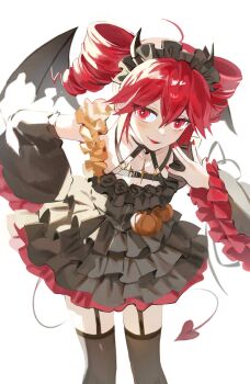 1girl ahoge black_dress black_hairband black_horns black_sleeves black_thighhighs cowboy_shot demon_horns demon_tail detached_sleeves double-parted_bangs dress drill_hair fangs fingernails flat_chest frilled_dress frilled_hairband frilled_sleeves frills garter_belt hair_between_eyes hairband highres horns kasane_teto kasane_teto_(halloween) long_sleeves nail_polish open_mouth pumpkin red_eyes red_hair red_nails samsap short_dress simple_background sleeveless sleeveless_dress three-quarter_sleeves solo standing tail thighhighs tongue twin_drills utau white_background wings zettai_ryouiki