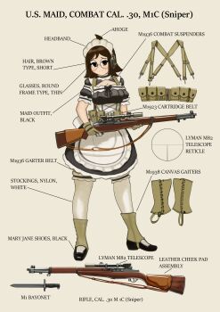 Rule 34 | 1girl, absurdres, ahoge, ammunition pouch, apron, bayonet, belt, black dress, black shoes, brown belt, brown eyes, brown gloves, brown hair, commentary, dress, earmuffs, english commentary, english text, frilled apron, frilled dress, frills, full body, gaiters, garter straps, glasses, gloves, gun, gun sling, highres, m1 garand, maid, maid apron, maid headdress, marpaparp, original, pouch, rifle, round eyewear, shoes, short hair, short sleeves, simple background, socks, suspenders, trigger discipline, waist apron, weapon, white apron, white socks