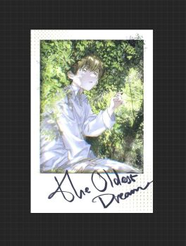 1boy :o bandage_on_face bandages black_eyes black_hair bush character_name child commentary day hand_up highres index_finger_raised kim_dokja kneeling light_rays male_focus oldest_dream omniscient_reader&#039;s_viewpoint outdoors pants photo_(object) shirt short_hair solo symbol-only_commentary toupou39 white_pants white_shirt