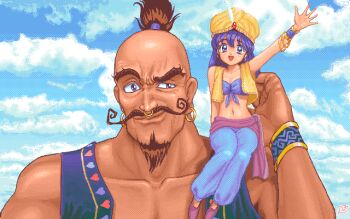 1boy 1girl arabian_clothes arm_up bandeau black_vest blue_bandeau blue_eyes blue_pants blue_sky bracelet brown_hair closed_mouth cloud cropped_vest day earrings facial_hair genie giant goatee goto_p hair_tubes hand_up harem_pants hat hoop_earrings jewelry long_hair midriff multiple_bracelets mustache navel open_clothes open_mouth open_vest original outdoors pants pc-98_(style) pink_sash pink_shoes ponytail purple_eyes purple_hair sash shoes signature sitting_on_shoulder sky smile turban vest waving wristband yellow_hat yellow_vest
