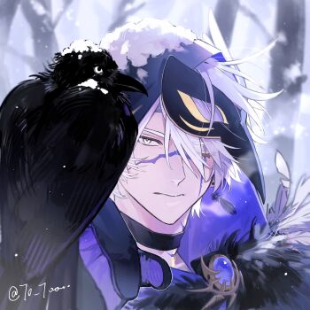 1boy 70_70000 absurdres bare_tree bird bird_mask bird_on_hand black_cloak black_gloves blurry blurry_background cloak commentary crow flame_reaver_of_the_deepest_dark fur-trimmed_cloak fur_trim gloves highres honkai:_star_rail honkai_(series) hood hood_up hooded_cloak male_focus mask phainon_(honkai:_star_rail) scar scar_across_eye scar_on_face shirt snow snow_on_head solo symbol-only_commentary tree white_shirt