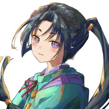 Rule 34 | 1boy, androgynous, black hair, commentary request, high ponytail, highres, houjou tokiyuki (nige jouzu no wakagimi), long hair, low-tied long hair, male focus, nige jouzu no wakagimi, nyaaamiii1182, ponytail, purple eyes, purple pupils, sidelocks tied back, simple background, smile, solo, upper body, white background