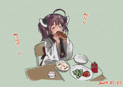 Rule 34 | 1girl, ^ ^, ahoge, blush, bread, brown hair, chair, closed eyes, commentary request, dated, eating, facing viewer, food, food request, green background, headgear, holding, holding food, japanese clothes, kimono, lamb (hitsujiniku), long sleeves, on chair, plate, sitting, solo, table, touhoku kiritan, translation request, twintails, upper body, voiceroid, white kimono, wide sleeves
