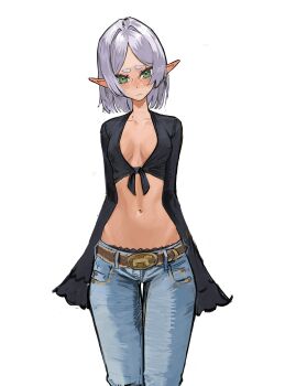 Rule 34 | 1girl, absurdres, belt, belt buckle, black shirt, blue pants, breasts, brown belt, buckle, denim, elf, frieren, green eyes, highres, jeans, lace, lace-trimmed panties, lace trim, medium hair, navel, panties, pants, pointy ears, shirt, simple background, sleeves past fingers, sleeves past wrists, small breasts, solo, sousou no frieren, tefi blum, tied shirt, underwear, white background