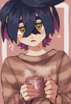 Rule 34 | 1boy, :<, ?, black hair, border, colored inner hair, commentary request, crossed bangs, cup, hair between eyes, holding, holding cup, hykchiba, kieran (pokemon), looking at viewer, male focus, mole, mole on neck, mug, multicolored hair, nintendo, open mouth, pokemon, pokemon sv, purple hair, solo, steam, striped clothes, striped sweater, sweater, triangle mouth, two-tone hair, two-tone sweater, white border, yellow eyes