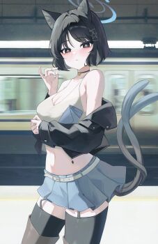 1girl absurdres animal_ears belt black_eyes black_hair black_thighhighs blue_archive blush bob_cut boots breasts cat_ears cat_tail choker cleavage cowboy_shot crop_top denim denim_skirt female_focus garter_straps hair_ornament hairclip halo highres jacket jaduade kikyou_(blue_archive) looking_at_viewer medium_breasts midriff miniskirt multiple_tails nail_polish navel neck_bell nekomata off_shoulder skirt subway tail thigh_boots thighhighs two_tails white_belt zettai_ryouiki